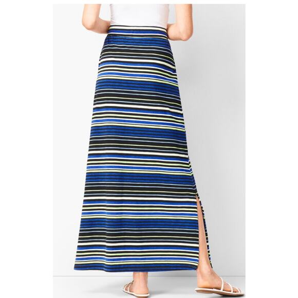 T By Talbots Size MP Striped Maxi Skirt Side Slit Lime Green Black Blue Casual - Picture 2 of 10